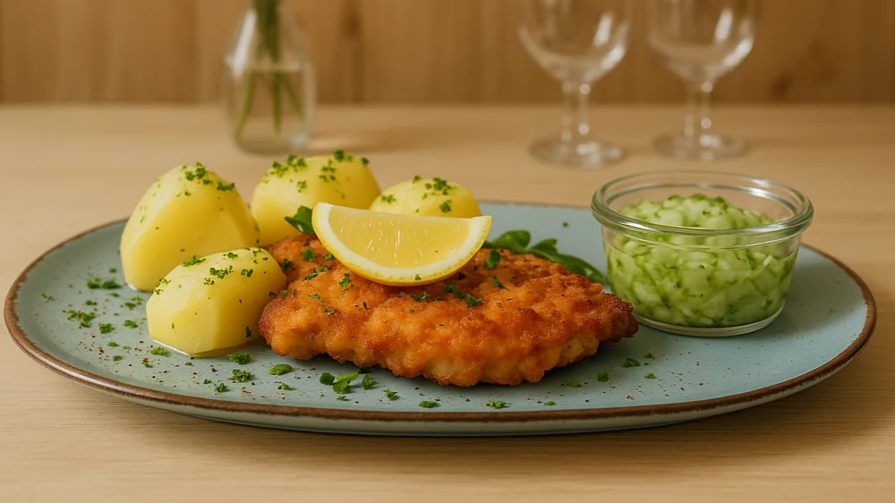 Haehnchenschnitzel mit gurkensalat und petersilienkartoffeln