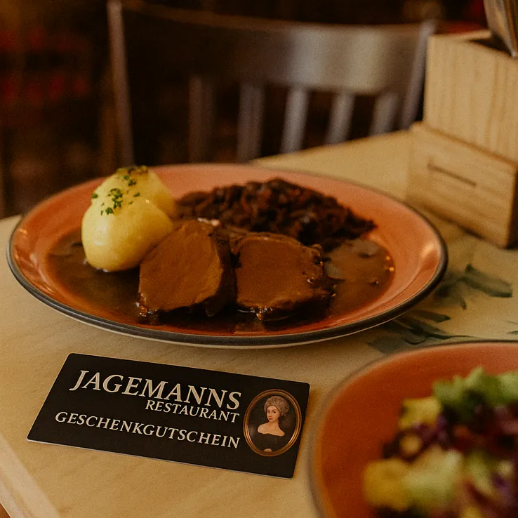 Heldrunger sauerbraten vom rind mit rotkohl und thüringer kloß und gutschein für restaurant jagemanns