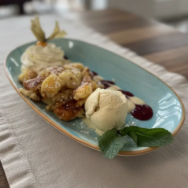 Kaiserschmarrn mit Vanilleeis und Sahne auf langem türkisem Teller Dessert Nachtisch im Restaurant Weimar Jagemanns