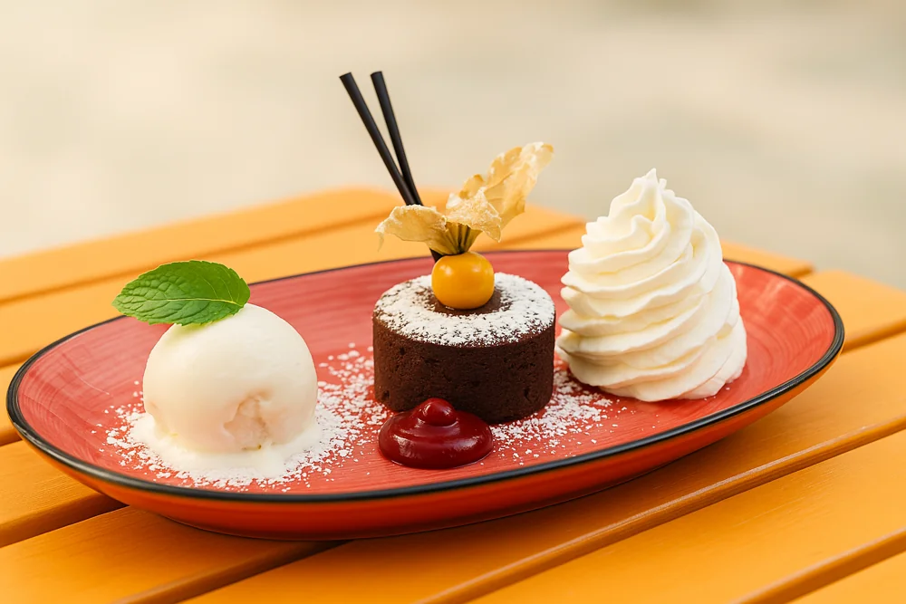 Schokokuchen mit Walnußeis Sahne und Physalis auf rotem Teller Dessert