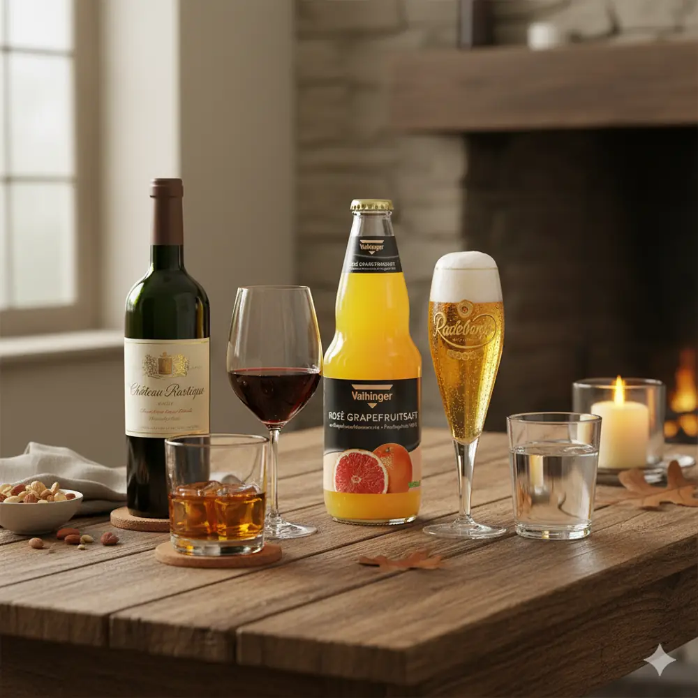 Speisekarte Getränke Flasche Saft und Rotwein Glas Bier Whiskey und Wasser auf Holztisch im Restaurant Jagemanns Weimar